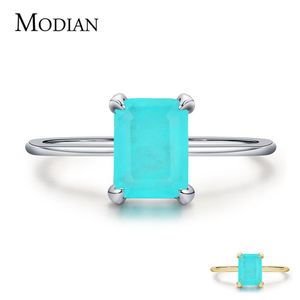 Modian Authentic 925 Sterling Silver Wedding Rings Classic Rectangle Tourmaline Paraiba Female Finger Ring For Women Charm Fine Je261J