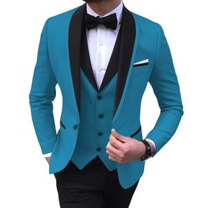 Blaugrüner, geschlitzter Herrenanzug, 3-teilig, schwarzer Schalkragen, Freizeit-Smoking für Hochzeit, Trauzeugenanzug, Herren-Blazer, Weste, Hose, 201012250er Jahre