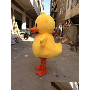 Mascote fábrica venda grande amarelo pato de borracha traje dos desenhos animados realizando entrega gota trajes dhold