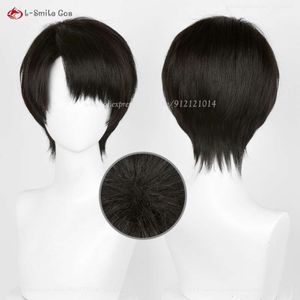 Costumi Catsuit Attacco Anime su Titano Levi Ackerman Cosplay 30 cm Nero Marrone Resistente al calore Parrucche sintetiche per capelli + Protezione per parrucca