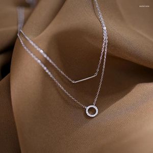 Pendants Necklace Silver 925 Sterling Double Layer Link Chain Crystal Round Pendant Choker For Girl Women Collar Ins Jewelry