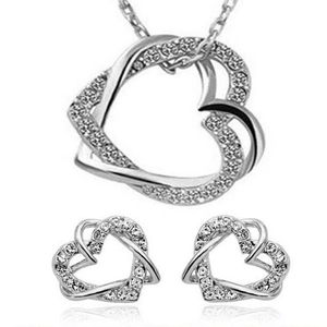 Moda amante carino doppio cuore collana e orecchini set di gioielli cristallo austriaco gioielli placcati argento 18k per le donne Dress2229