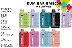 Original QST RUM BAR 8000 Puffs Descartáveis E Cigarros Vape Pen 10ML Pré-preenchido Malha Bobina Pods Cartucho 550mAh Bateria Recarregável Vaporizador