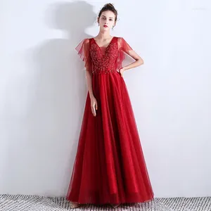 Vestidos casuais moda sexy apliques com decote em v manga voadora volta bandagem a linha vestido de noite noiva casamento tule vestidos de baile