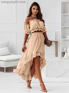 Kvinnors tvådelade byxor Ruffles Summer Dress Set Two Piece Off Shoulder Slash Neck Kort ärm Crop Top Oregelbunden lång kjol Set T231027