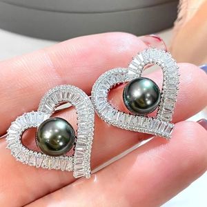Studörhängen meibapj 9-10mm 925 silver naturligt svart sötvatten pärla kärlek hjärta fina bröllop smycken för kvinnor