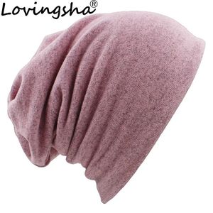 Beanieskull Caps Lovingsha秋の冬の女性のための二重使用帽子スカーフソリッドデザイン薄いレディースファッションフェミニノスカリービーニーHT078 231027