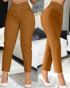 Pantaloni da donna estivi per le donne moda allentata sovrapposta vita scava fuori lavoro impiombato tinta unita piedi sottili Capris Office Lady