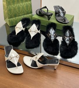 TOP Quality Fashion Fur Flip Flops For Women Fairy Genuine Leather Sandals Large Size Metal Buckle Fur Insole Spike Heel Casual Low Heeled Clip Toe G Slipper