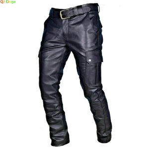 Men's Pants Men's Leather Motorcycle Pants with Cargo Pockets Black PU Pants No Belt Men Trousers Big Size S-5XL 231026