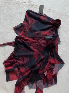 Arbetsklänningar 2023 Summer Women's Wear Dark Night Rose Asymmetric Frill Tube Top med kjoldräkt 0521