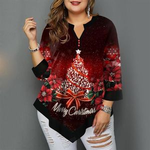 Plus size camiseta moda mulher blusas 2021 outono inverno árvore de natal impressão camisetas irregulares senhoras topos roupas femininas290i