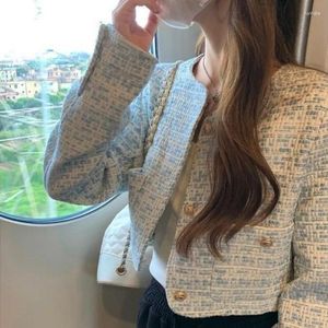 Frauen Jacken Blau Casual Tops Mode Tweed Gestreiften Für Frauen 2023 Ropa Mujer Temperament Tunika Vintage Koreanische Mantel Kleidung