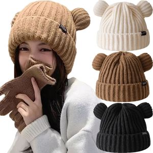 Beanieskull Caps Y2K Bear Ears Tjockna hattar Kvinnor Soft Harajuku Plush Ear Head Protection Cute Sticked Korean Wool Cool Girl Handmade Beanie 231027