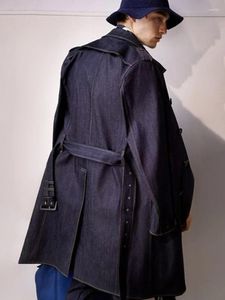 メンズトレンチコート2023男性用のクラシックロングデニムコートインディゴピュアコットンフェードダブルブレストウエストフィッティング厚いジャケット