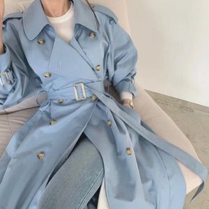 Damengrabenmäntel Frauen Mantel 2023 Herbst Elegante Zweireiher Vintage Lange Jacke Lose Gürtel Split Weibliche Blaue Windjacke Outwear