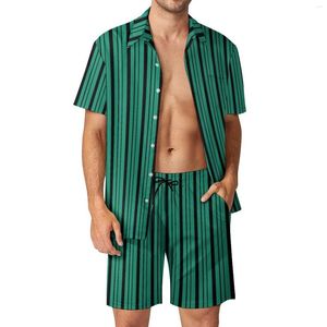 Fatos masculinos listrado impressão homens define verde e preto casual shorts verão havaiano beachwear camisa conjunto de manga curta design tamanho grande terno