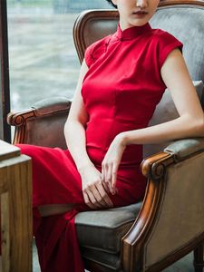 Etnik Giyim Çin Kırmızı Gelin İnce Fit Qipao Kadın Giyim Geleneği Hanfu Cheongsam Uzun Taklit İmitasyon İpek