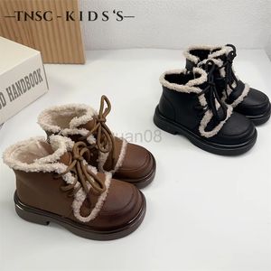 Boots Girls' fluffy and thick boots New 4-15 year old princess warm cotton shoes Comfortable children's leather boots in winter 2023 231027