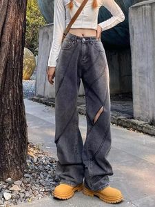 Jeans femininos primavera e verão retro nicho design sentido corte perna larga gradiente solto encaixe reto calças casuais