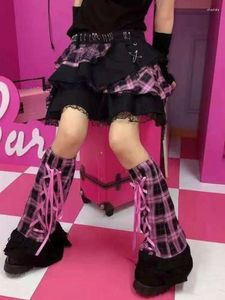 Women Socks Y2k Kawaii Lace Up Leg Warmer Egirl Lolita Harajuku Pink Plaid Foot Sock JK Skirt 90s Pastel Goth Punk Cover
