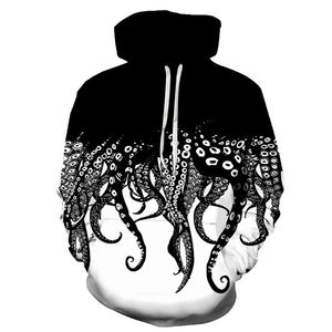 Özelleştirilmiş Hoodies Sweatshirtler Siyah ve Beyaz Ahtapot Bıyık Baskı Erkek Kapşonlu Kazak Moda Günlük