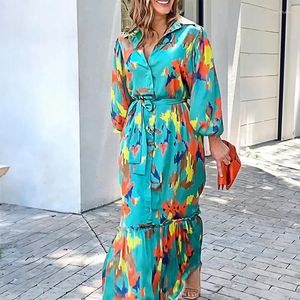 Freizeitkleider Damen Umlegekragen Binden Sie die Taille hoch Langes Kleid Mode Graffiti Bedruckt Plissee Boho Elegant Laternenärmel Urlaub