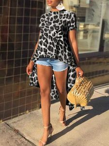 Blusas femininas vonda verão moda blusa feminina longo topos boêmio leopardo impresso túnica assimétrica casual manga curta camisas de festa