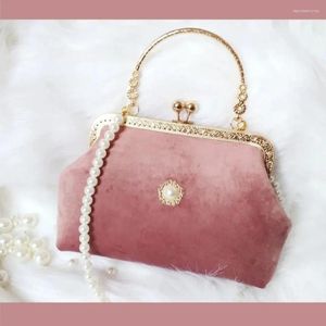 Sacos de noite Beads Chain Bag Duas Alças Vintage Metal Mão Shell Veludo Mulheres Ombro Crossbody Moda Tote Bolsas Femininas Bolsa