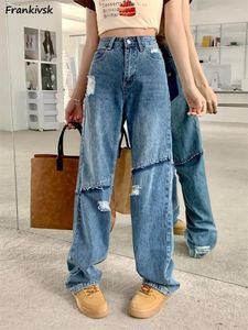 Women's Jeans Baggy Women Ripped Denim Blue Chic Trendy All-match Full Length College Teens High Street Harajuku Wide-leg Trouser Summer