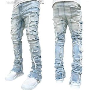 Calças masculinas rasgadas empilhadas angustiadas destruídas skinny demin calças justas estéticas shorts de fadas streetwear