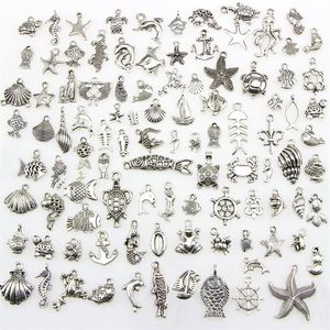 Mixed 100 Designs Sea Turtle Frog Mermaid Crab Crocodile Octopus Fish Bone Nautical Theme Charms Pendants For DIY Necklace Bang238V