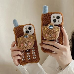 Cell Phone Cases Korean 3D cute bear plush phone case suitable for iPhone 15 Pro 11 12 13 14 Pro Max soft case cartoon fur fluffy protective cover for women 231026