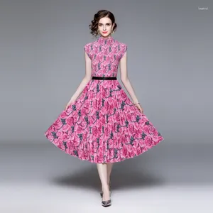 Work Dresses 2023 Runway Summer Rose Flower Two Piece Set For Women Stand Collar Floral Print Elastic Tops High Waist Midi Skirt Suits