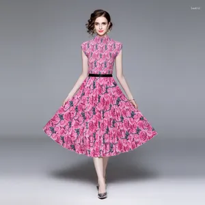 Vestidos de trabalho 2023 pista verão rosa flor duas peças conjunto para mulheres gola floral impressão elástica topos cintura alta midi saia ternos