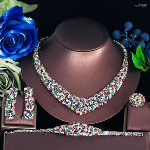 Necklace Earrings Set ThreeGraces 4pcs Multicolor Cubic Zirconia Stone Luxurious Dubai Nigerian Bridal Wedding Party Dress Jewelry For Women