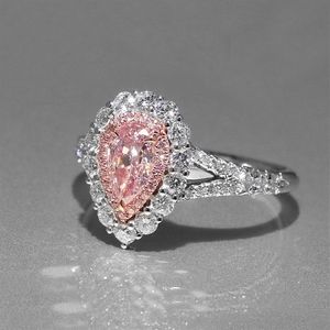 Pink Teardrop CZ Diamond Wedding Gift Ring 925 Sterling Silver Plated Drops of Water Engagement Rings Ringenes Box Set for Women222h