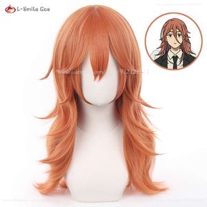 Trajes de catsuit anime motosserra homem cosplay laranja encaracolado anjo diabo resistente ao calor cabelo festa makima perucas + peruca boné