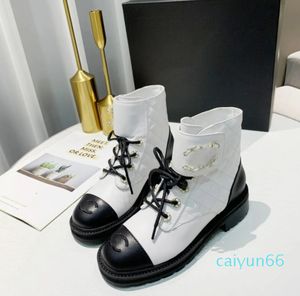 Interlocking Black Ankle Biker chunky platform flats combat Boots low heel lace-up booties leather chains buckle women shoes