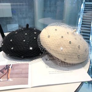 Basker fascinerande strass vinter ull basker kvinnor vintage mesh slöja pumpa casual allmatch hatt kvinnlig beanie cap flickor gåva 231027