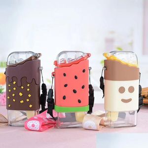 Water Bottles Summer Cute Donut Ice Cream Water Bottle With St Creative Square Watermelon Cup Portable Leakproof Tritan Drop Delivery Dht2Q