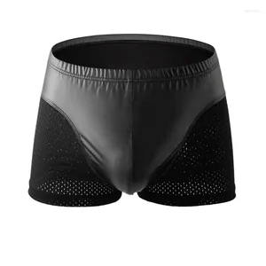 Cuecas sexy homens boxers cintura baixa faux lingerie estágio u bolsa convexa preto patente couro shorts roupa interior