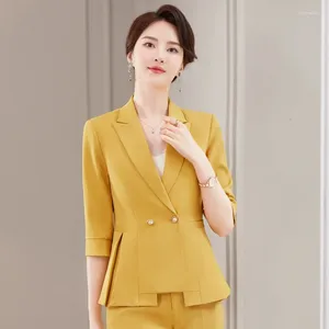 Kvinnors tvåbitar byxor Izicfly Summer Style Yellow Uniform Business Suits Slim Office Blazer Pant Set For Women Outfits Work Wear