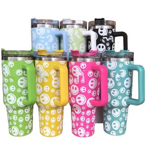 Colorful 40oz tumbler designer tumblers smile face design stainless steel with Logo handle lid straw beer mug water bottle outdoor camping cup