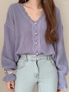 Damskie dzianiny biały swetra kardigan Koreańska moda pusta dzianina Sweter Kobieta jesienna zima słodka v szyja pojedyncze piersiowe bluzki