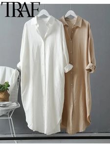 Kvinnors blusar skjortor Traf Spring Women's Bluses Korean Kläder Summer Vintage Linen Cotton Mid-Längd White Shirt Dress for Women Chic Tops 231026
