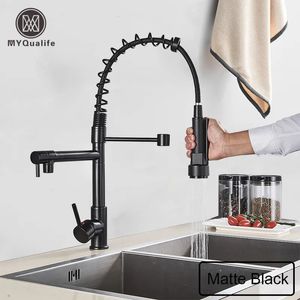 Kitchen Faucets Black Pull Down Brass Sink Faucet Cold Water Mixer Crane Tap with Dual Spout 360 Rotation High Deck Mounted 231026