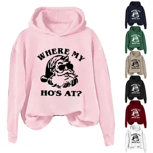 Damen Hoodies Santa Cartoon Print Where My Ho's At Letter Hoodie Einfarbig Medium Sweatshirt Damen Reißverschluss Frau