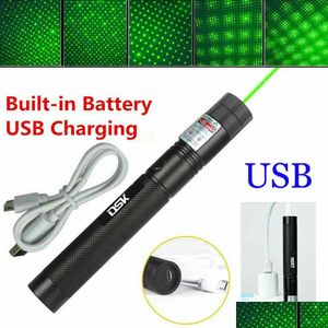 Ponteiros laser 200milha usb recarregável ponteiro laser verde astronomia 532nm grande lazer caneta 2 em 1 estrela tampa feixe de luz bateria embutida dhovx