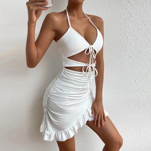 カジュアルドレスWepbel Hollow Out Ruffle Hip Dress White Mini Summer Sexy Halter Women Solid Color Camis Bodycon Club Party Wear
